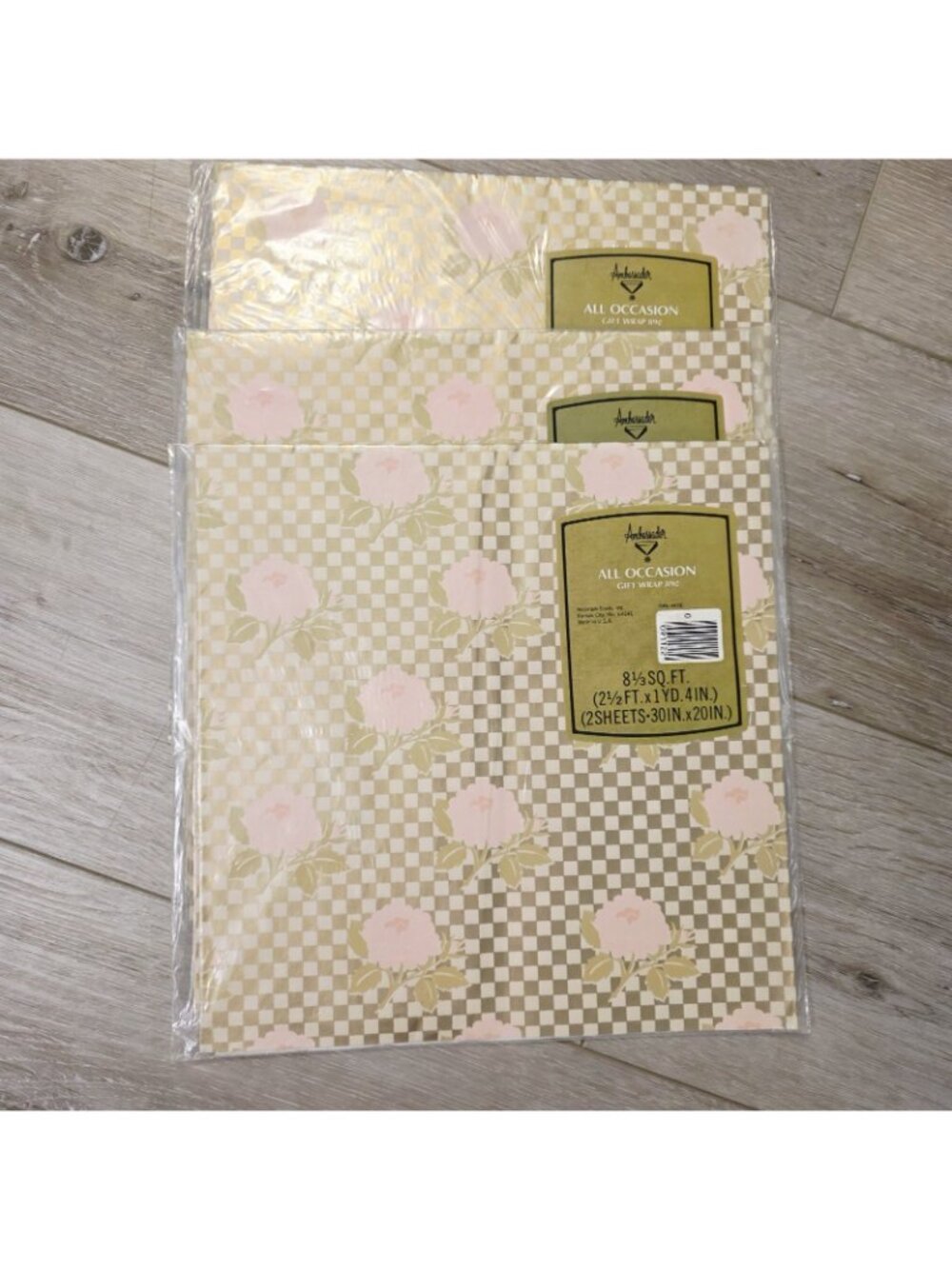 3 Hallmark Gold Checkered Background Pink Roses Gift Wrapping Scrapbook Crafting - Picture 2 of 4